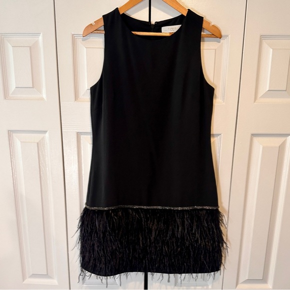 Tahari ASL  Sleeveless Round Neck 100% Ostrich Feather Trim Shift Dress size 8P - Picture 12 of 15